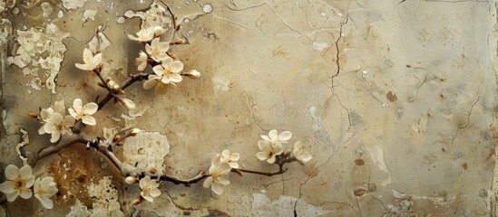 Square fashionable aged textured paper backdrop featuring almond blossoms from Gran Canaria. Copy space image. Place for adding text and design