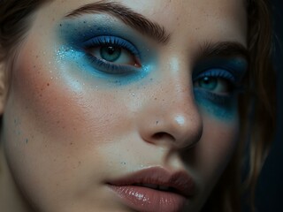 A woman’s face features blue makeup and lighting.