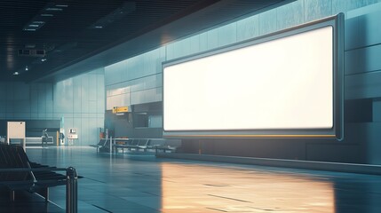 Sticker - Expansive blank billboard in a subdued light airport baggage terminal.  