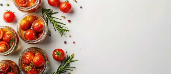 Flat lay arrangement featuring pickled tomatoes in glass jars on a white table. Copy space image. Place for adding text and design