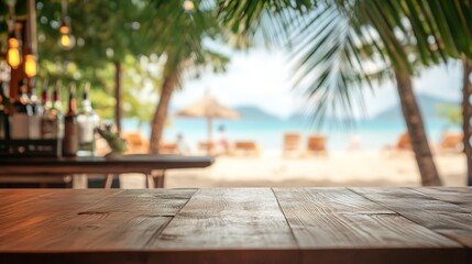 Canvas Print - Empty wide Table top wooden bar with blurred beautiful beach scene background coconut leaf on frame for product display mockup outside summer day time. Resort clean wood desk board on nature view. 