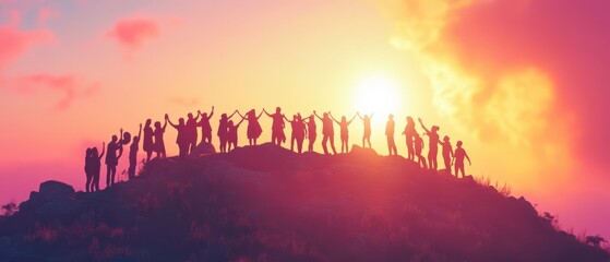 Diverse group of people holding hands and smiling, standing on a hilltop with a bright sunrise, representing global unity and progress