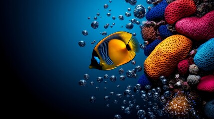 Vibrant Reef Escape: A mesmerizing underwater scene featuring a vibrant yellow and blue fish swimming amidst colorful coral and air bubbles.  A perfect blend of nature's artistry. 