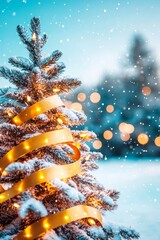  A Christmas tree, adorned with a yellow ribbon, stands out against a softly blurred backdrop of twinkling holiday lights