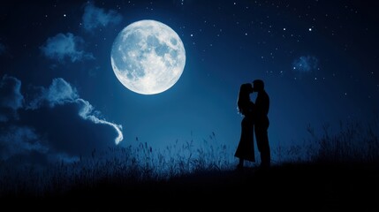 A romantic silhouette of a couple kissing under a full moon in a starry night sky.