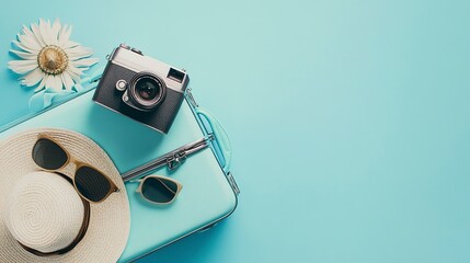 Poster - Blue suitcase with sun glasses, hat and camera on pastel blue background. travel concept. minimal style 