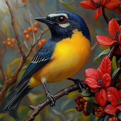 Poster - Vibrant Yellow and Blue Bird Perched on Branch with Red Flowers