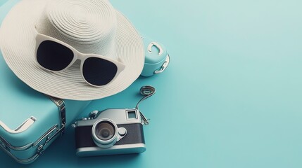 Poster - Blue suitcase with sun glasses, hat and camera on pastel blue background. travel concept. minimal style