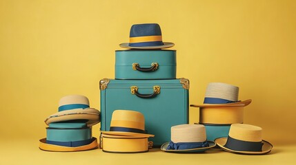 Canvas Print - Blue and yellow suitcase with hats on the yellow background  