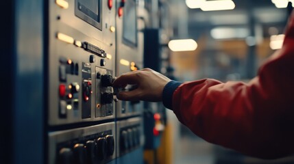 Poster - A hand adjusting controls on an industrial machine in a factory setting.