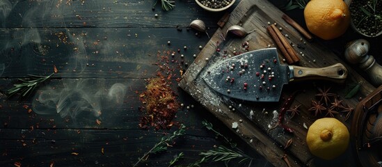 Canvas Print - Culinary setting featuring spices a cutting board and a hatchet Top view copy space