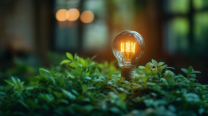 Glowing Light Bulb in Lush Green Foliage