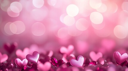 Poster - Colorful heart decorations on a soft pink background with sparkling bokeh lights during a festive celebration