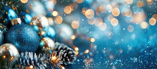 Canvas Print - Abstract blur of blue and silver sparkling light bulbs in the background a blur of Christmas wallpaper decorations concept Xmas holiday festival backdrop a display of lit circles and celebrations