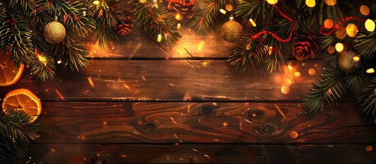 Wall Mural - Festive arrangement featuring a bouquet and spruce branches bright glowing garlands and oranges on a wooden background Decor for Christmas and New Year Abstract texture frame space for text and copys