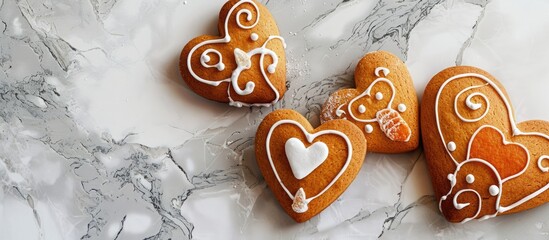 Poster - Top view of a setup featuring two gingerbread hearts on a marble table background Copy space