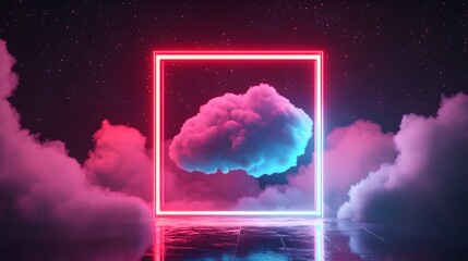 3d cloud going through square window isolated on black background. Starry night sky. Abstract dreaming metaphor. Glowing pink blue neon lines. Virtual reality. Ultraviolet light . 