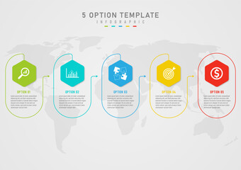 Wall Mural - Infographic template 5 business options The hexagon has a white icon on top and multi-colored curves. The end edge has an arrow, inside there is a message. Below is a map gray gradient background
