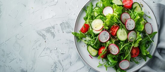 Fresh green salad with tomato cucumber and radish on a plate suitable for copy space image