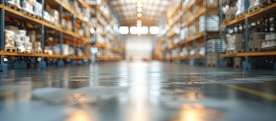 Blurred storage warehouse with goods and products for logistics and business concept in a defocused industrial storehouse interior Ideal as a copy space image