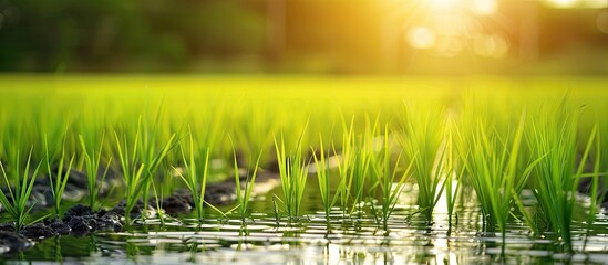 Rice fields displaying young rice plants poised to sprout and mature into a bountiful harvest creating a picturesque scene in the copy space image