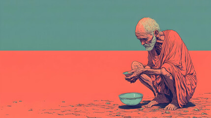 Canvas Print - Old Man Holding Bowl in Red Desert Illustration