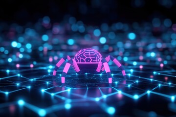 Poster - Cybernetic Spider in Digital Network: A futuristic, glowing pink spider with a circuit board body crawls across a dark blue network of glowing nodes.
