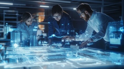 Poster - Three people are working on a computer screen with a blue background
