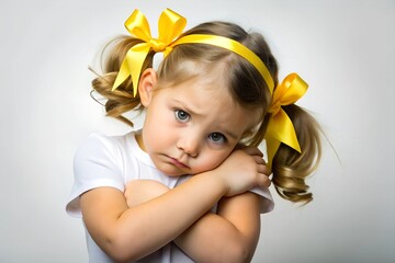 Wall Mural - A little girl with yellow ribbons in her hair is grumpy and hugging herself against a white background