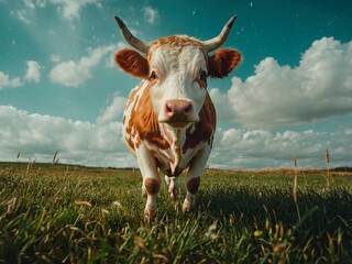 A close up shot of a white and brown domestic cow running through a rural meadow field livestock at sunny summer day. Animal cattle photography. Bos taurus.	