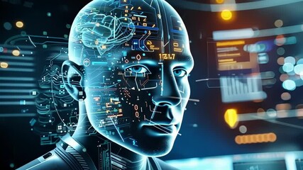 Poster - Artificial intelligence is being enhanced with a brain computer interface showing its functionality in front of a computer screen