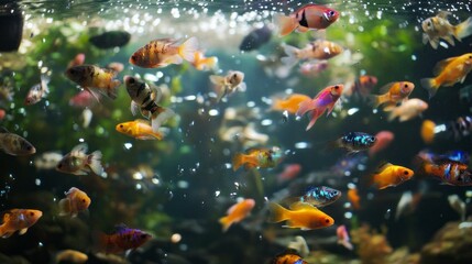 A colorful fish tank with many different colored fish swimming around