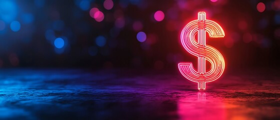 Glowing dollar sign on a colorful background, symbolizing finance and economic success.