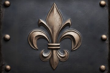 Fleur-de-lis engraving in the center of a dark worn iron plate, AI Generated