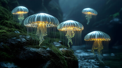 Poster - Glowing Jellyfish Swim Through Dark Cave with Moss