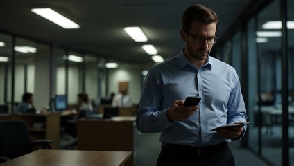 Wall Mural - Businessman browsing on his smartphone in a dim office.