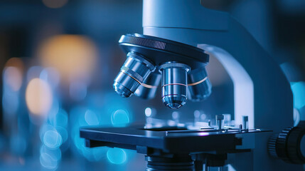 A close-up view of a microscope in a laboratory setting, highlighting its intricate details and advanced technology.