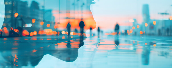 Silhouette of a person against a vibrant city street at dusk with blurred passersby