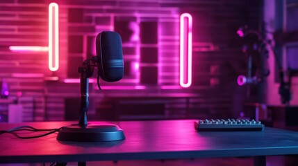 A microphone on a desk with neon lighting, suggesting a recording or streaming setup.