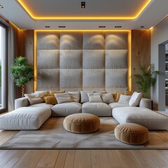 Wall Mural - Modern living room interior with a sectional sofa and  decorative wall panels