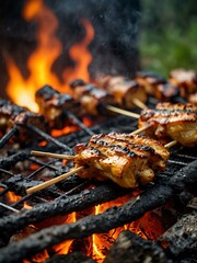 Chicken skewers roast over coals, with bright flames and smoke creating a delightful outdoor cooking scene.