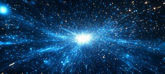 Wall Mural - blue light sunburst rays explosion on dark space background. generative ai technology.
