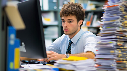 Poster - A man is sitting at a desk with a computer and a stack of papers