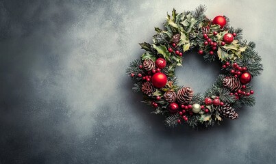 A whimsical image of a holiday wreath adorned with colorful decorations, set against a soft gray background