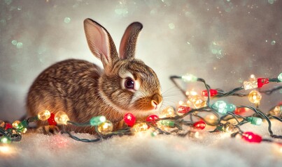 An adorable image of a brown rabbit nestled among colorful, sparkling lights