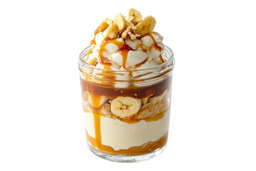 Poster - Layered banana pudding dessert in a glass jar with caramel sauce ,Isolated on transparent background