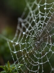 Wall Mural - Close-up of a spider web adorned with dew drops.