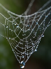 Wall Mural - Close-up of a spider web adorned with dew drops.