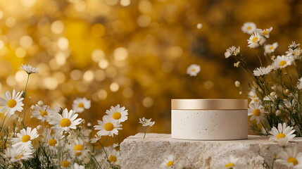 Sticker - Cream Jar on Stone with Daisies and Golden Bokeh