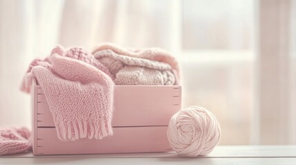 Wall Mural - A pastel pink wooden box filled with soft baby clothes and a cozy ball